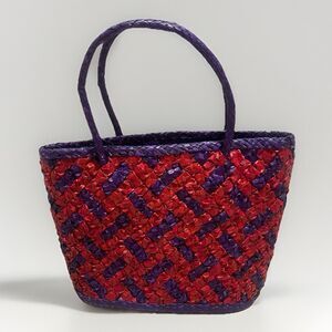 Mexican handcrafted artisanal straw woven tote Hand bag colorful Wicker 13x10”